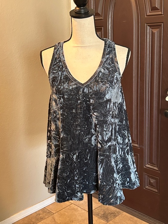 Libby Story Tops - Libby Story Blue Crushed Velvet Flare Ruffle Tank Top